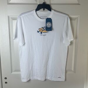 Life Is Good White Tee with Surfing Dog Graphic.